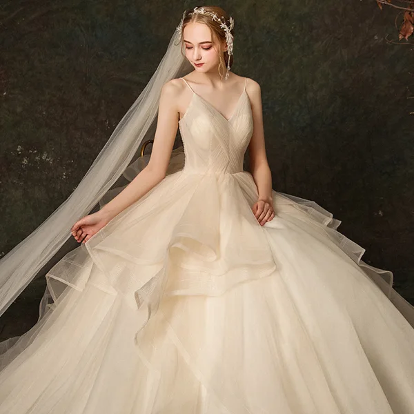 Elegant Champagne Wedding Dresses 2019 Ball Gown Backless Spaghetti Straps Sleeveless Cascading Ruffles Floor-Length / Long