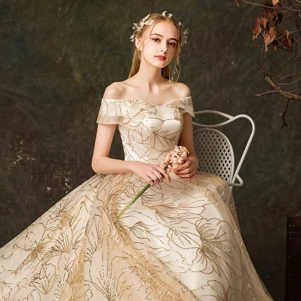 Elegant Champagne Wedding Dresses 2019 A-Line / Princess Off-The-Shoulder Glitter Embroidered Short Sleeve Backless Royal Train