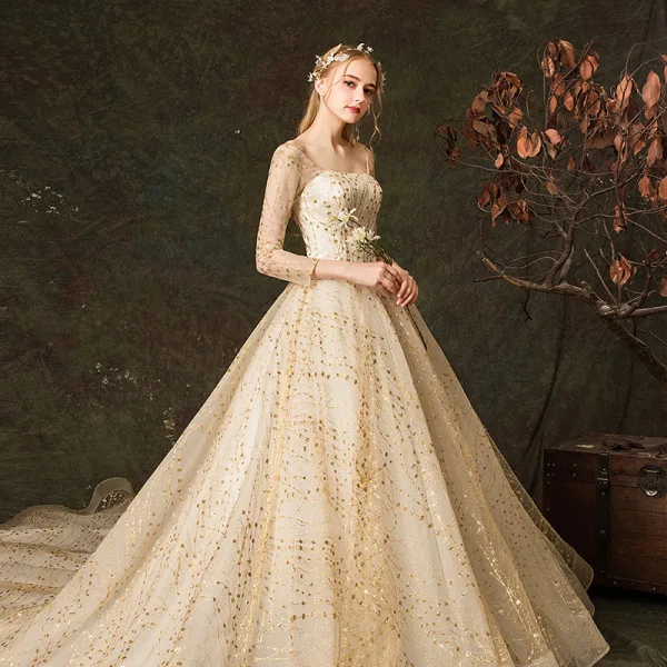 Scintillantes Champagne Robe De Mariée 2019 Princesse Encolure Carrée Glitter Brodé 3/4 Manches Dos Nu Royal Train