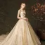 Scintillantes Champagne Robe De Mariée 2019 Princesse Encolure Carrée Glitter Brodé 3/4 Manches Dos Nu Royal Train