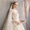 Elegant Champagne Wedding Dresses 2019 A-Line / Princess Scoop Neck Appliques Lace Flower Sequins 3/4 Sleeve Backless Royal Train