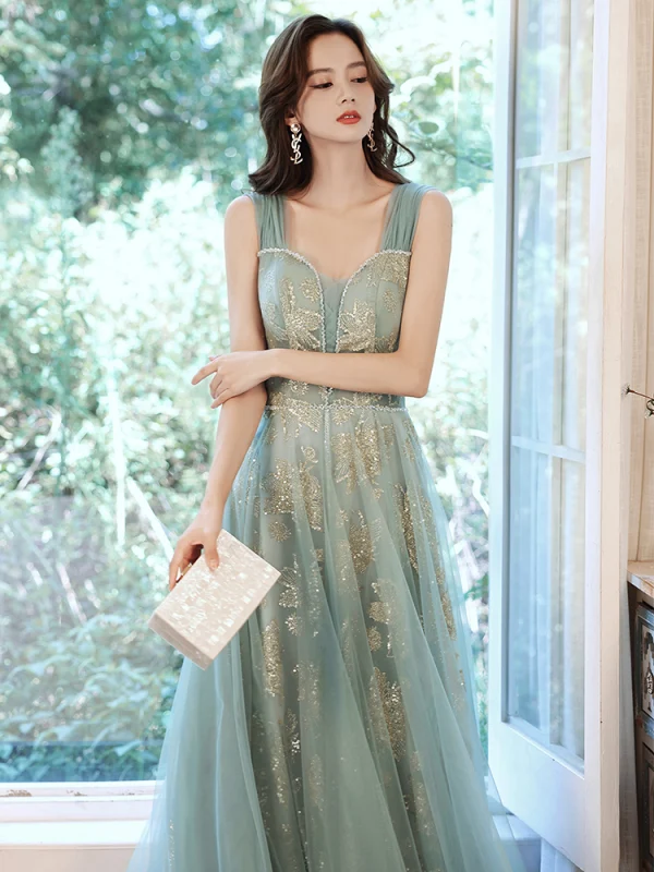 Fashion Green Evening Dresses  2021 A-Line / Princess Square Neckline Sequins Lace Flower Sleeveless Backless Floor-Length / Long Evening Party Formal Dresses