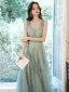 Fashion Green Evening Dresses  2021 A-Line / Princess Square Neckline Sequins Lace Flower Sleeveless Backless Floor-Length / Long Evening Party Formal Dresses