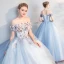 Chic / Beautiful Sky Blue Quinceañera Prom Dresses 2018 Ball Gown Appliques Pearl Off-The-Shoulder Backless Short Sleeve Floor-Length / Long Formal Dresses