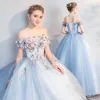 Chic / Beautiful Sky Blue Quinceañera Prom Dresses 2018 Ball Gown Appliques Pearl Off-The-Shoulder Backless Short Sleeve Floor-Length / Long Formal Dresses