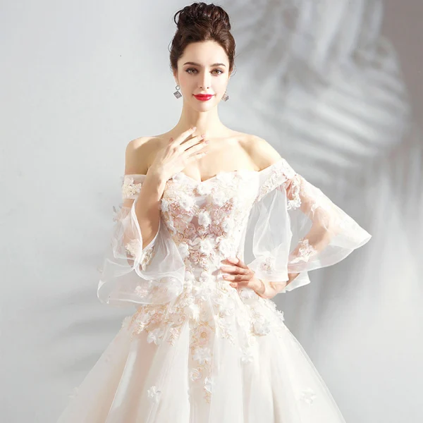 Charming Champagne Wedding Dresses 2019 A-Line / Princess Off-The-Shoulder Appliques Embroidered Pearl 3/4 Sleeve Backless Cathedral Train