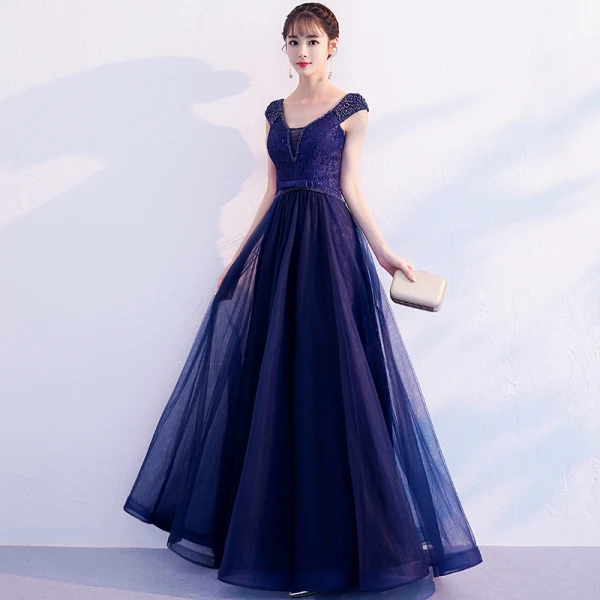 Chic / Beautiful Navy Blue Evening Dresses  2019 A-Line / Princess V-Neck Beading Lace Flower Bow Sleeveless Backless Floor-Length / Long Formal Dresses