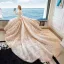 Luxury / Gorgeous Champagne Handmade  Beading Wedding Dresses 2019 A-Line / Princess Scoop Neck Appliques Lace Crystal 3/4 Sleeve Backless Royal Train