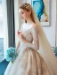 Luxe Champagne Robe De Mariée 2019 Robe Boule Encolure Dégagée En Dentelle Fleur Paillettes 3/4 Manches Royal Train