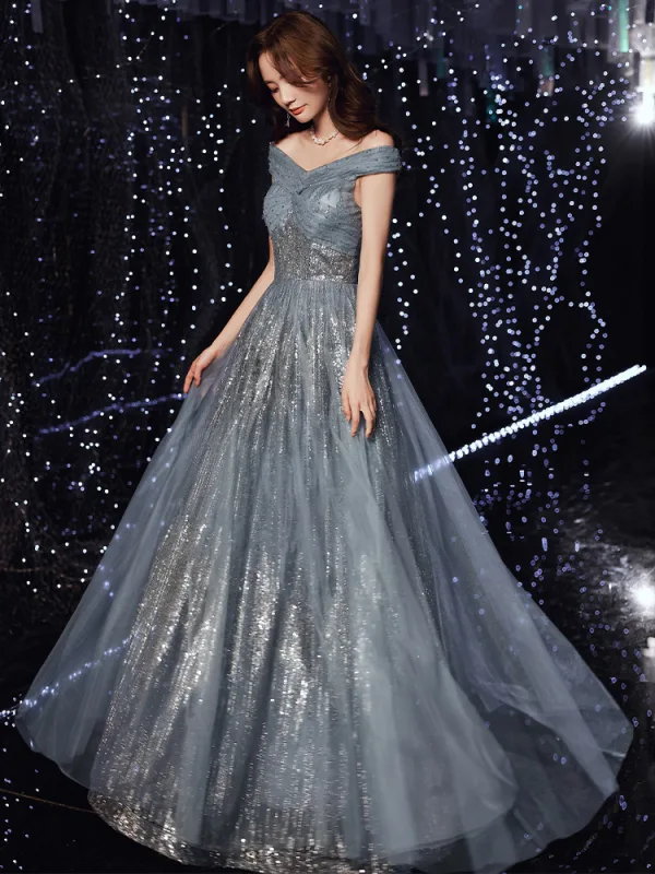 Charmant Océan Bleu Robe De Soirée 2021 Princesse De l'épaule Glitter Paillettes Sans Manches Dos Nu Longue Soirée Robe De Ceremonie