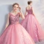 Chic / Beautiful Candy Pink Quinceañera Prom Dresses 2018 Ball Gown Lace Flower Pearl V-Neck Backless Sleeveless Floor-Length / Long Formal Dresses