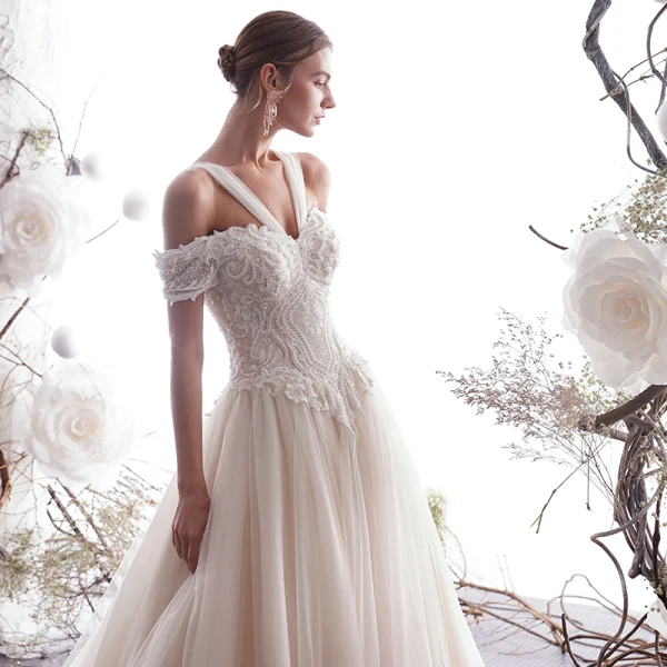 Elegant Champagne Wedding Dresses 2019 A-Line / Princess Off-The-Shoulder Beading Lace Flower Short Sleeve Backless Floor-Length / Long
