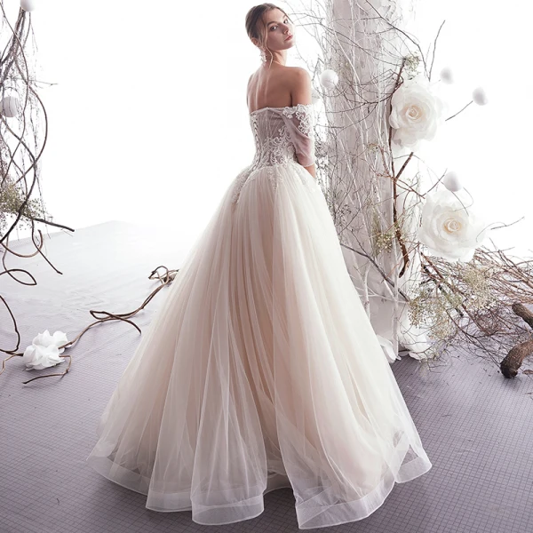 Charming Champagne Wedding Dresses 2019 A-Line / Princess Off-The-Shoulder Beading Lace Flower Short Sleeve Backless Floor-Length / Long