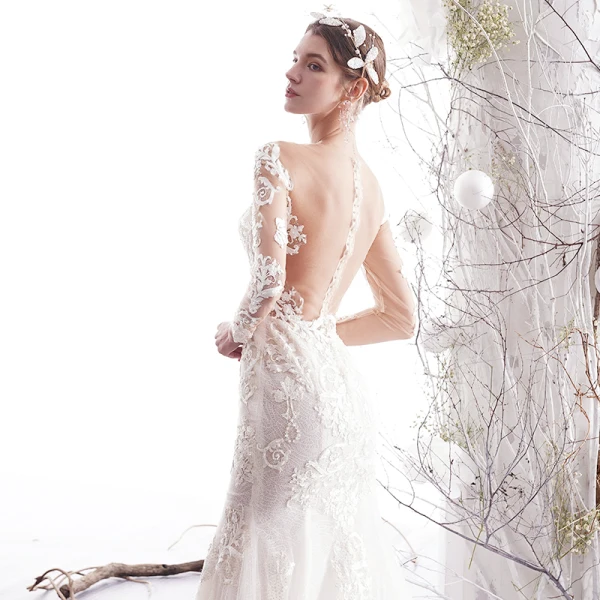 Charmant Ivoire Robe De Mariée 2019 Trompette / Sirène Transparentes Encolure Dégagée Perlage En Dentelle Fleur 3/4 Manches Chapel Train