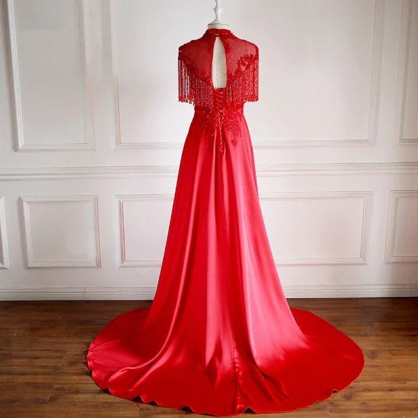 Luxury / Gorgeous Pearl Pink Evening Dresses 2018 A-Line / Princess Handmade Beading Tassel Crystal Sequins Appliques Scoop Neck Backless Short Sleeve Court Train Formal Dresses