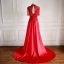 Luxury / Gorgeous Pearl Pink Evening Dresses  2018 A-Line / Princess Handmade  Beading Tassel Crystal Sequins Appliques Scoop Neck Backless Short Sleeve Court Train Formal Dresses