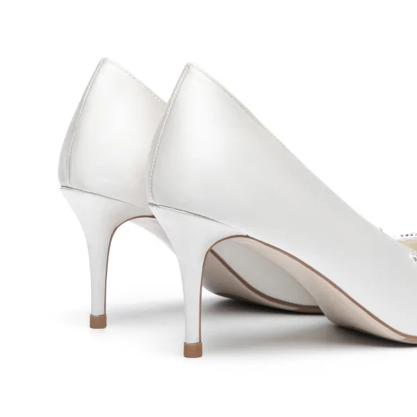 Élégant Ivoire Perle Faux Diamant Chaussure De Mariée 2021 Cuir Satin 7 cm Talons Aiguilles À Bout Pointu Mariage Escarpins Talons Hauts