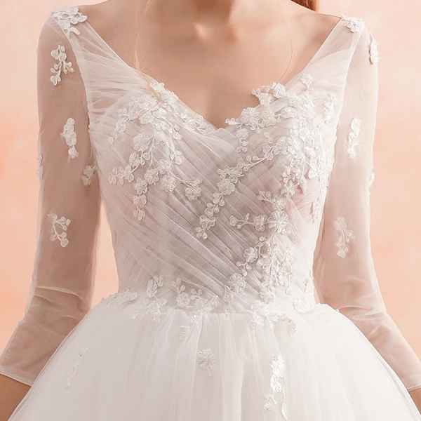 Elegant Ivory Wedding Dresses 2019 A-Line / Princess V-Neck Lace Flower Pearl 3/4 Sleeve Backless Cathedral Train