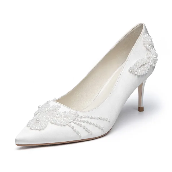 Élégant Blanche Perle Satin Chaussure De Mariée 2021 Cuir 7 cm Talons Aiguilles À Bout Pointu Mariage Escarpins Talons Hauts