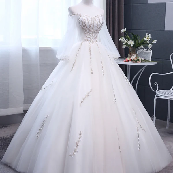Elegant Ivory Wedding Dresses 2018 Ball Gown Embroidered Off-The-Shoulder Long Sleeve Backless Floor-Length / Long Wedding