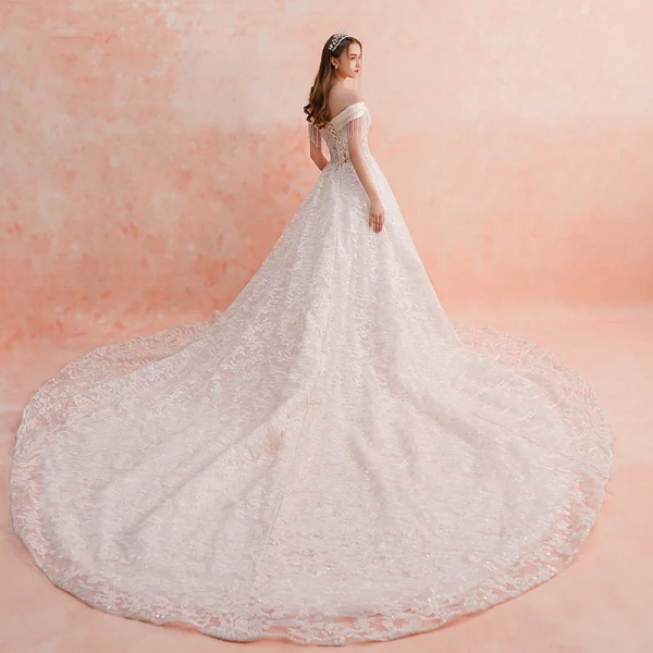 Charmant Champagner Brautkleider / Hochzeitskleider 2019 A Linie Off Shoulder Perlenstickerei Quaste Spitze Blumen Pailletten Kurze Ärmel Rückenfreies Königliche Schleppe