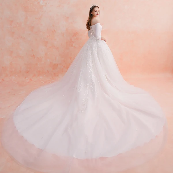 Elegant Ivory Wedding Dresses 2019 A-Line / Princess Off-The-Shoulder Lace Flower 3/4 Sleeve Backless Royal Train