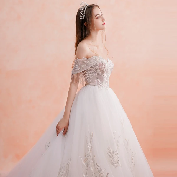 Elegant White Wedding Dresses 2019 A-Line / Princess Off-The-Shoulder Beading Tassel Lace Flower Short Sleeve Backless Royal Train