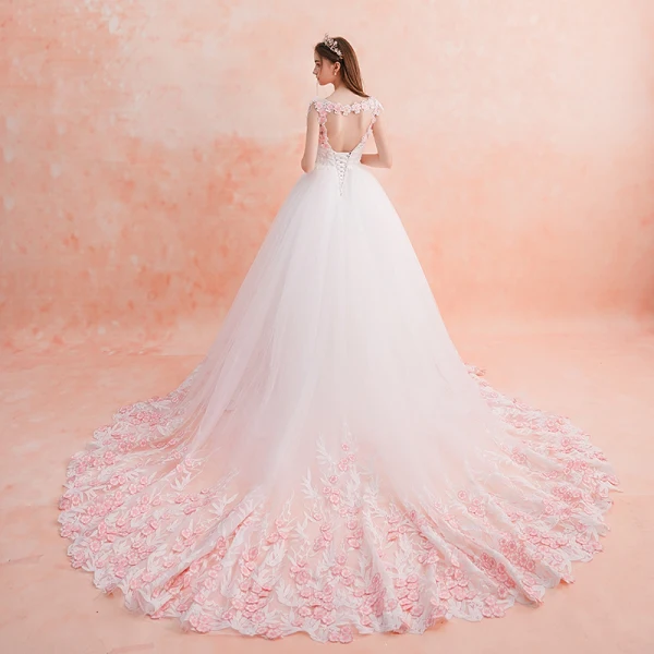 Chic / Belle Blanche Robe De Mariée 2019 Princesse Encolure Dégagée Perlage Gland En Dentelle Fleur Rose Bonbon Appliques Sans Manches Dos Nu Royal Train