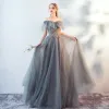 Modern / Fashion Grey Lace Flower Evening Dresses  2019 A-Line / Princess Off-The-Shoulder Beading Short Sleeve Backless Floor-Length / Long Formal Dresses