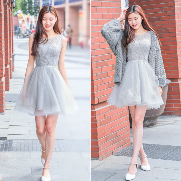 Chic / Beautiful Grey Cocktail Dresses 2019 A-Line / Princess Scoop Neck Lace Flower Pearl Sleeveless Backless Bow Short Formal Dresses