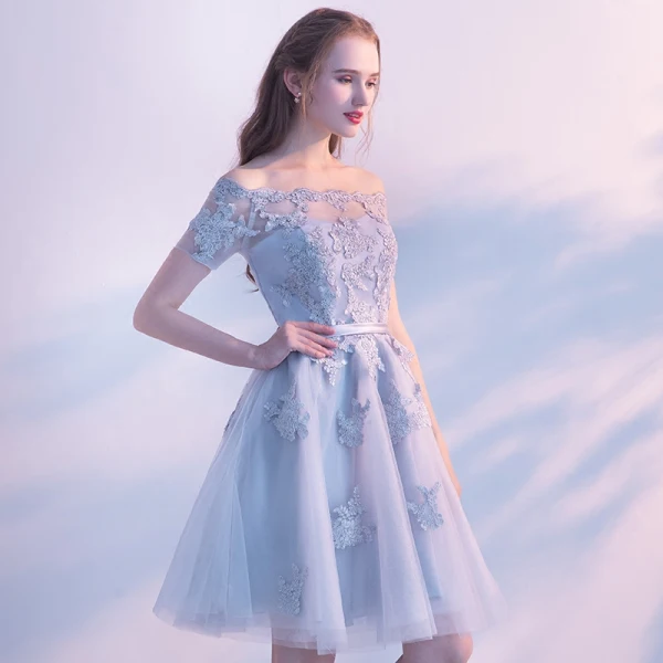 Chic / Beautiful Grey Graduation Dresses 2019 A-Line / Princess Off-The-Shoulder Lace Flower Sash Short Sleeve Backless Knee-Length Formal Dresses