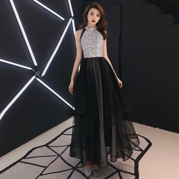 Modern / Fashion Black Evening Dresses  2019 A-Line / Princess Scoop Neck Sequins Sleeveless Floor-Length / Long Formal Dresses