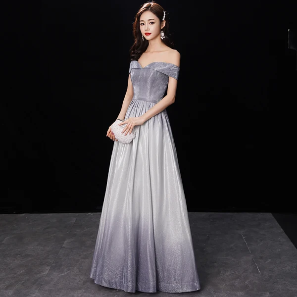 Chic / Beautiful Gradient-Color Silver Glitter Evening Dresses 2019 A-Line / Princess Off-The-Shoulder Short Sleeve Backless Floor-Length / Long Formal Dresses