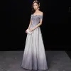 Chic / Beautiful Gradient-Color Silver Glitter Evening Dresses  2019 A-Line / Princess Off-The-Shoulder Short Sleeve Backless Floor-Length / Long Formal Dresses