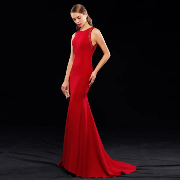 Chic / Beautiful Burgundy Evening Dresses  2019 Trumpet / Mermaid Scoop Neck Beading Sleeveless Sweep Train Formal Dresses