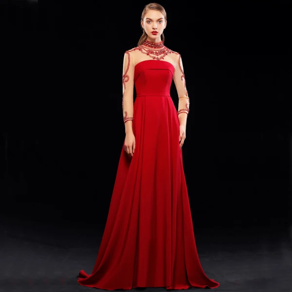 Chic / Belle Bordeaux Robe De Soirée 2019 Princesse Col Haut Perlage Cristal 3/4 Manches Dos Nu Train De Balayage Robe De Ceremonie