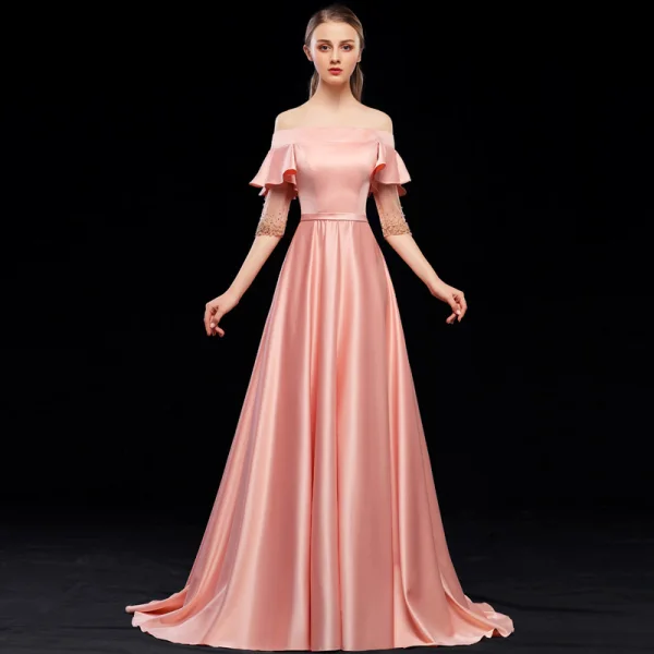Modest / Simple Pearl Pink Evening Dresses 2019 A-Line / Princess Off-The-Shoulder Sash Short Sleeve Backless Sweep Train Formal Dresses