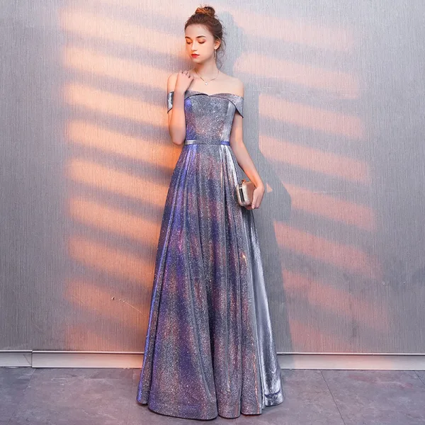 Modern / Fashion Starry Sky Purple Evening Dresses 2019 A-Line / Princess Off-The-Shoulder Glitter Polyester Sash Short Sleeve Backless Floor-Length / Long Formal Dresses