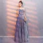 Modern / Fashion Starry Sky Purple Evening Dresses  2019 A-Line / Princess Off-The-Shoulder Glitter Polyester Sash Short Sleeve Backless Floor-Length / Long Formal Dresses