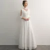 Elegant Ivory Evening Dresses  2019 A-Line / Princess Scoop Neck Tassel 3/4 Sleeve Floor-Length / Long Formal Dresses