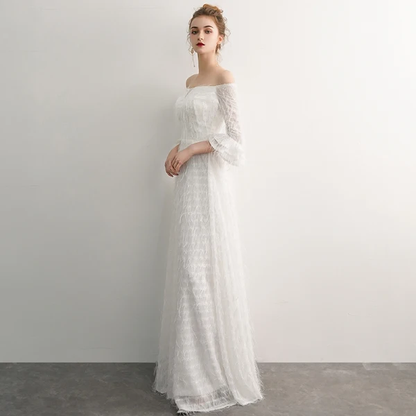 Elegant Ivory Evening Dresses 2019 A-Line / Princess Off-The-Shoulder Tassel 3/4 Sleeve Backless Floor-Length / Long Formal Dresses