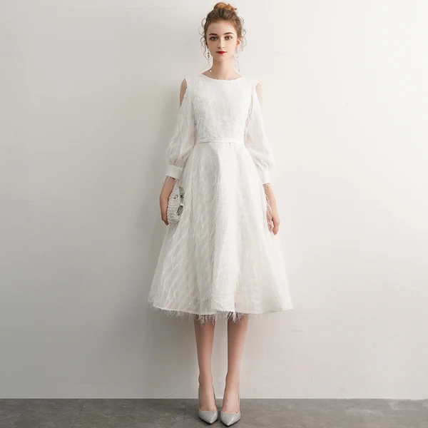 Elegant Ivory Homecoming Graduation Dresses 2019 A-Line / Princess Scoop Neck Tassel 3/4 Sleeve Tea-length Formal Dresses