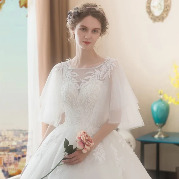 Chic / Beautiful Ivory Wedding Dresses 2018 Ball Gown Appliques Scoop Neck Backless 1/2 Sleeves Royal Train Wedding