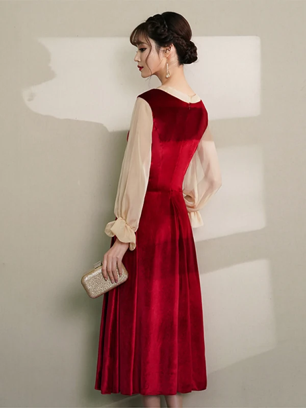 Vintage / Retro Burgundy Homecoming Graduation Dresses 2019 A-Line / Princess V-Neck Bow Suede Long Sleeve Tea-length Prom Dresses