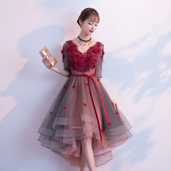 Modern / Fashion Burgundy Cocktail Dresses 2019 A-Line / Princess V-Neck Appliques Bow 1/2 Sleeves Backless Asymmetrical Formal Dresses