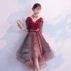 Modern / Fashion Burgundy Cocktail Dresses 2019 A-Line / Princess V-Neck Appliques Bow 1/2 Sleeves Backless Asymmetrical Formal Dresses