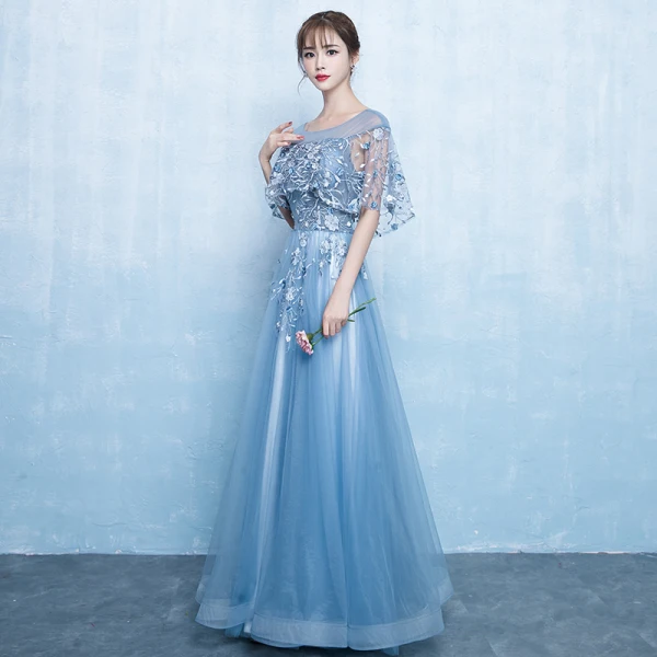 Elegant Pool Blue Prom Dresses 2019 A-Line / Princess Scoop Neck Appliques Lace Flower Pearl 1/2 Sleeves Backless Floor-Length / Long Formal Dresses