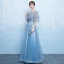 Elegant Pool Blue Prom Dresses 2019 A-Line / Princess Scoop Neck Appliques Lace Flower Pearl 1/2 Sleeves Backless Floor-Length / Long Formal Dresses