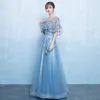 Elegant Pool Blue Prom Dresses 2019 A-Line / Princess Scoop Neck Appliques Lace Flower Pearl 1/2 Sleeves Backless Floor-Length / Long Formal Dresses