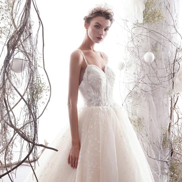 Élégant Champagne Robe De Mariée 2019 Princesse Bretelles Spaghetti Perlage Perle En Dentelle Fleur Sans Manches Dos Nu Longue